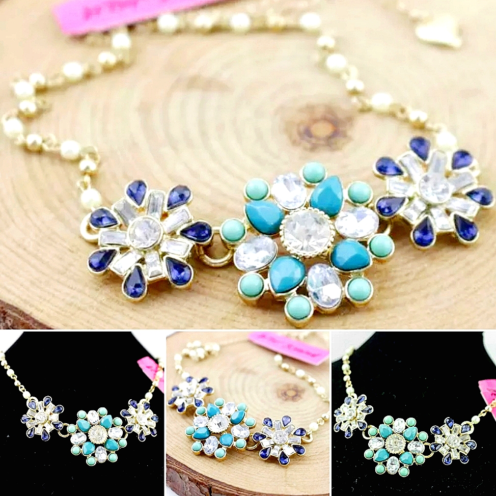 Gold White Pearl Beaded Dark Blue Teal Crystal Flower Necklace